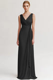 Black Satin V Neck Sheath Ruched Long Formal Dress