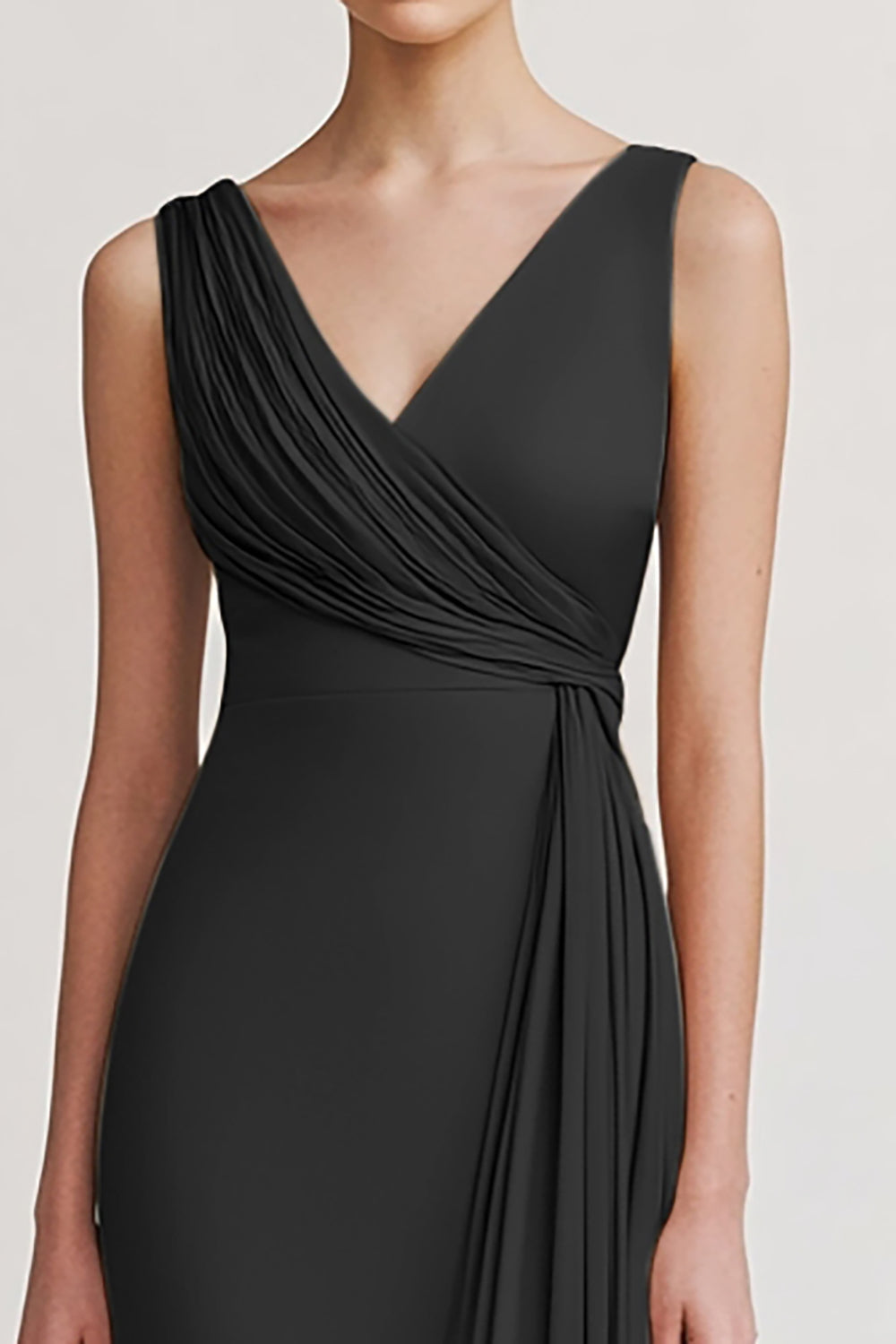Black Satin V Neck Sheath Ruched Long Formal Dress