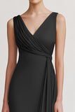 Black Satin V Neck Sheath Ruched Long Formal Dress