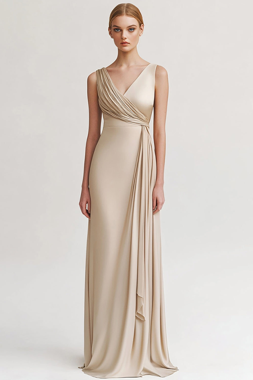 Black Satin V Neck Sheath Ruched Long Formal Dress