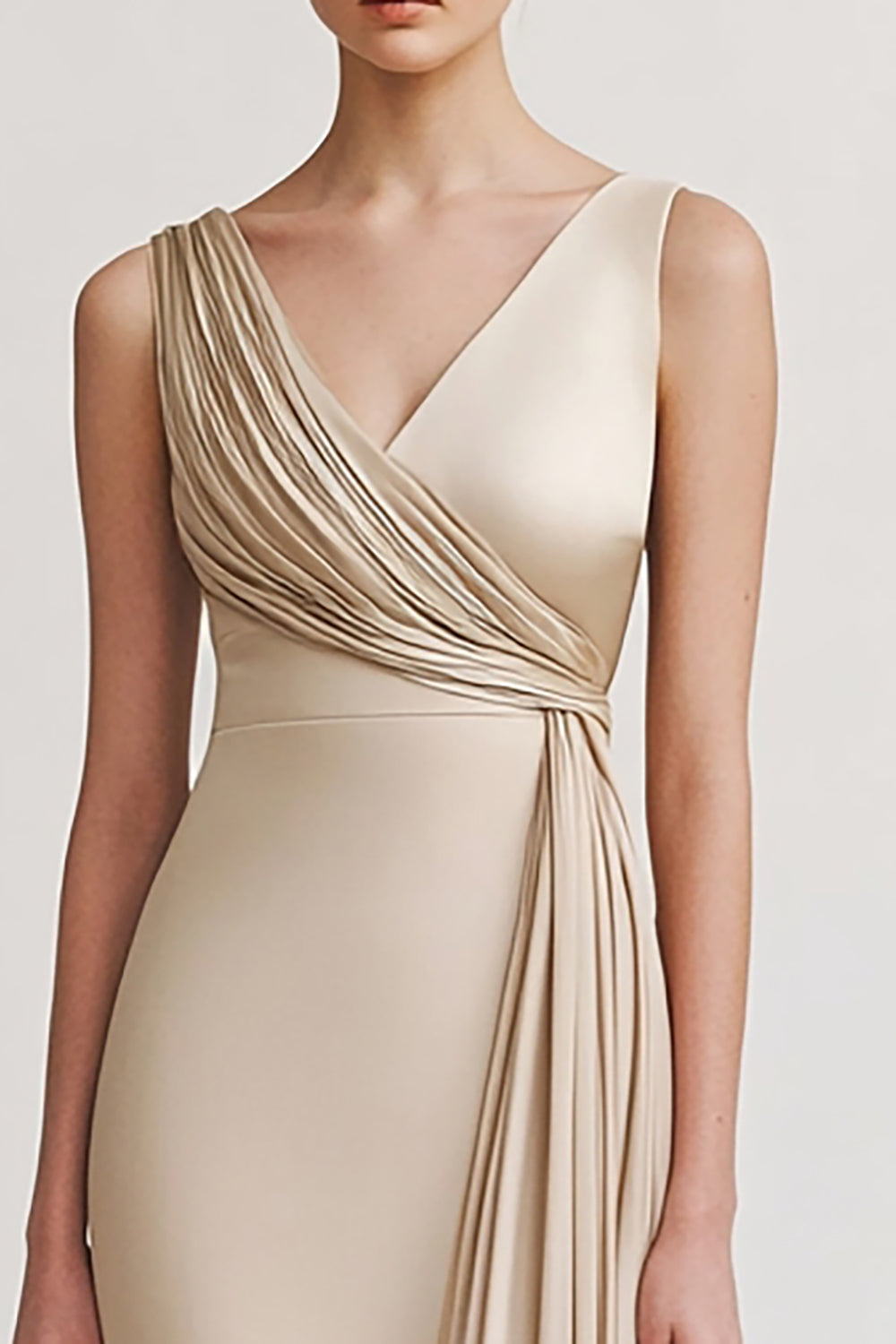 Black Satin V Neck Sheath Ruched Long Formal Dress