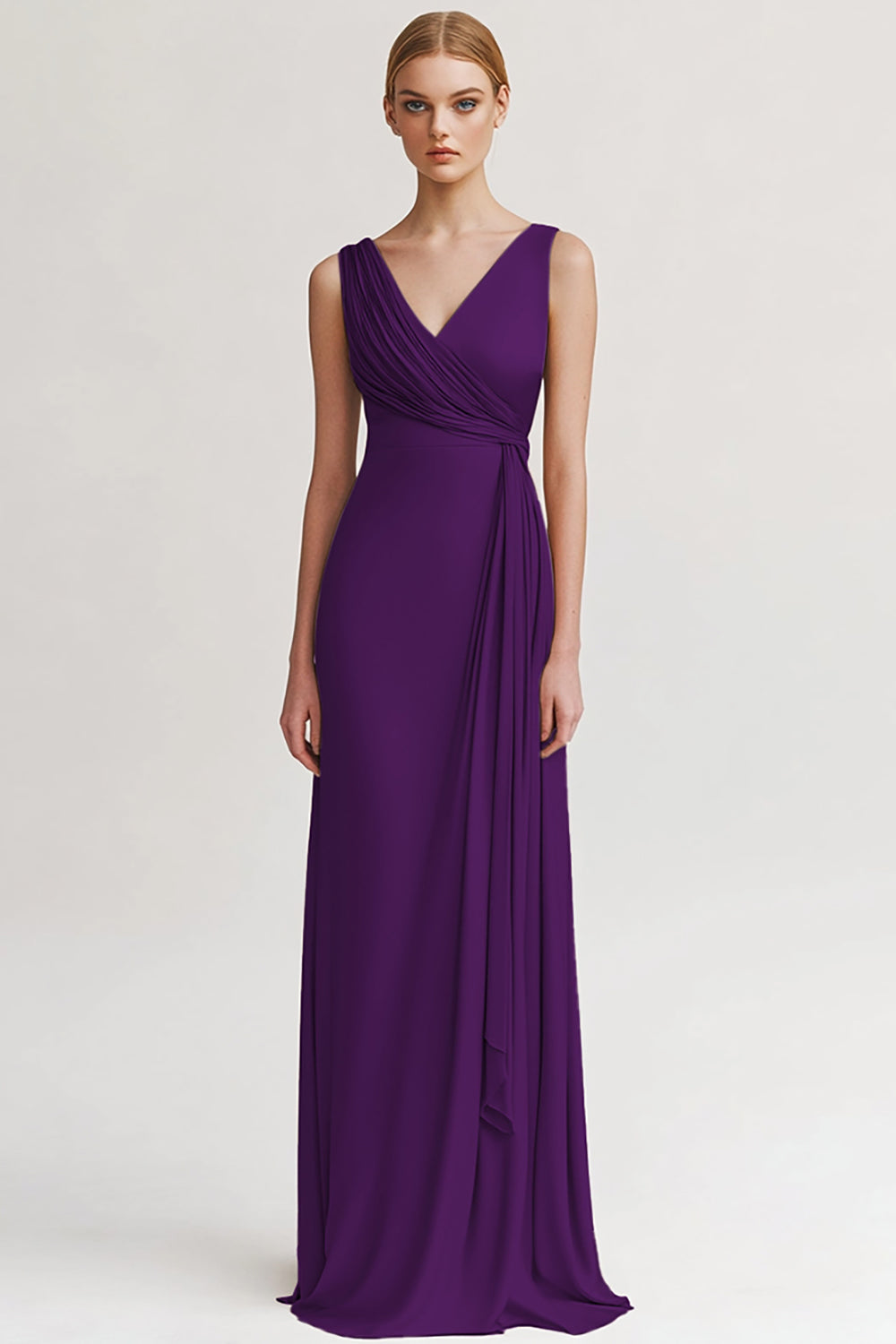 Black Satin V Neck Sheath Ruched Long Formal Dress