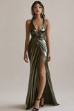 Olive Metallic Halter Ruched Mermaid Long Formal Dress with Slit