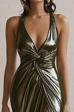 Olive Metallic Halter Ruched Mermaid Long Formal Dress with Slit