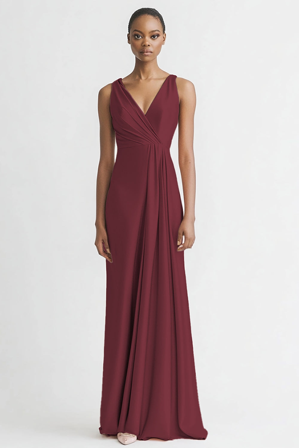 Pink Satin V Neck Sheath Ruched Long Formal Dress
