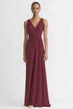 Pink Satin V Neck Sheath Ruched Long Formal Dress