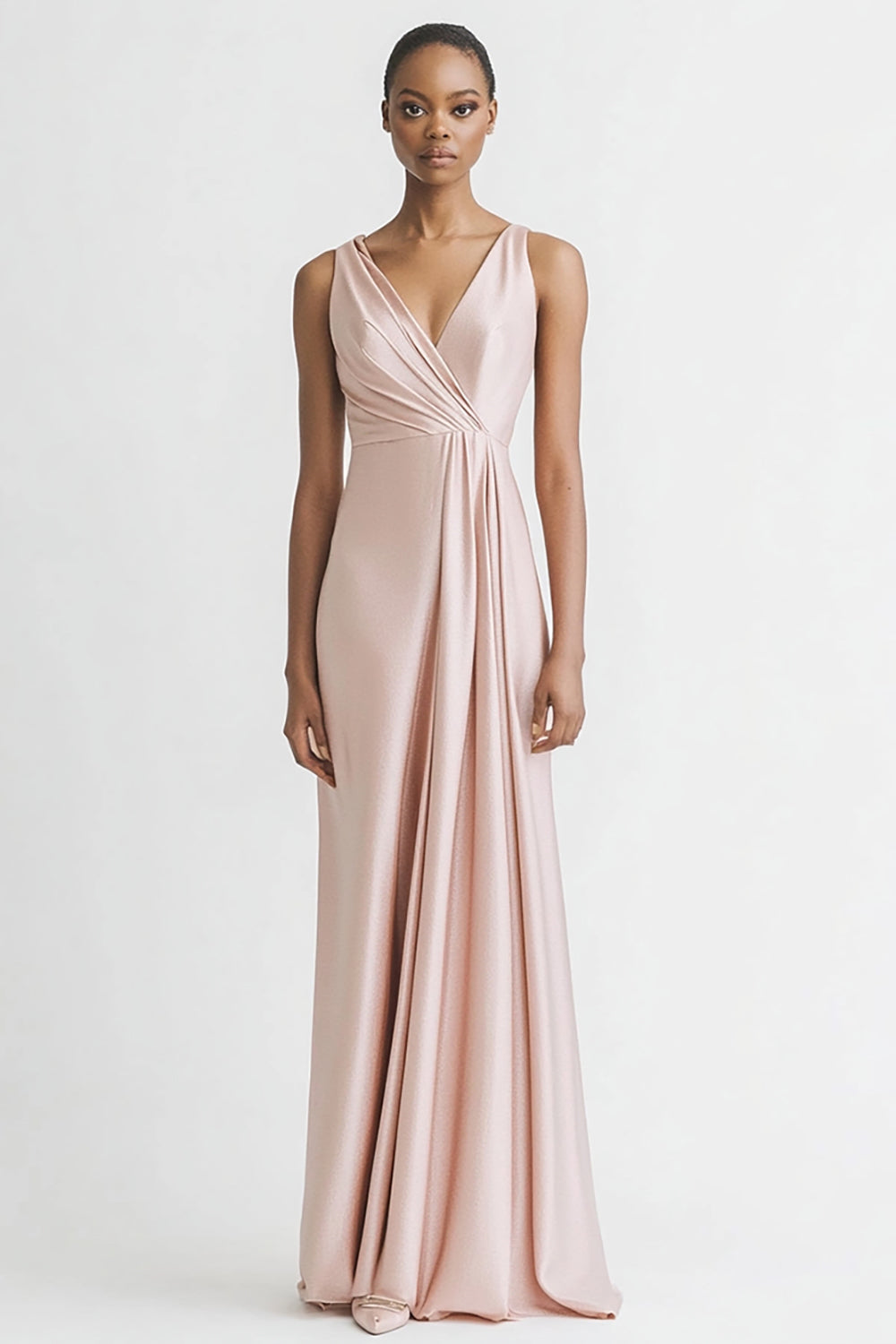 Pink Satin V Neck Sheath Ruched Long Formal Dress