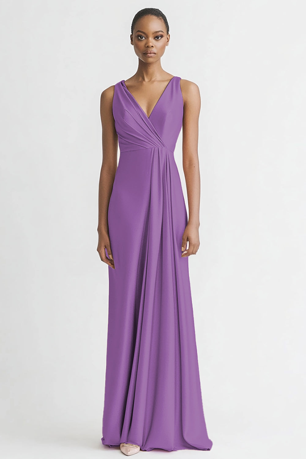 Pink Satin V Neck Sheath Ruched Long Formal Dress