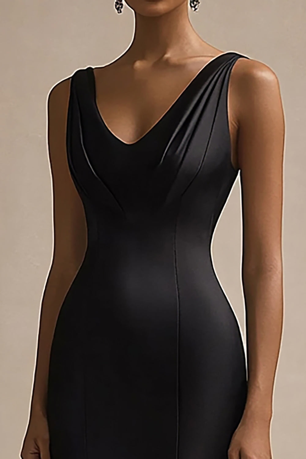 Black V Neck Mermaid Satin Long Formal Dress