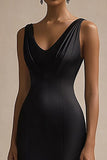 Black V Neck Mermaid Satin Long Formal Dress