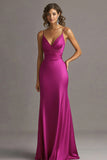 Fuchsia Satin Spaghetti Straps Sheath Long Formal Dress