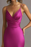 Fuchsia Satin Spaghetti Straps Sheath Long Formal Dress