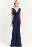 Navy Sheath V-Neck Chiffon Pleated Long Formal Dress