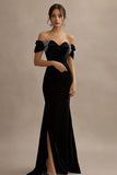 Sparkly Black Off the Shoulder Satin Long Formal Dress with Slit