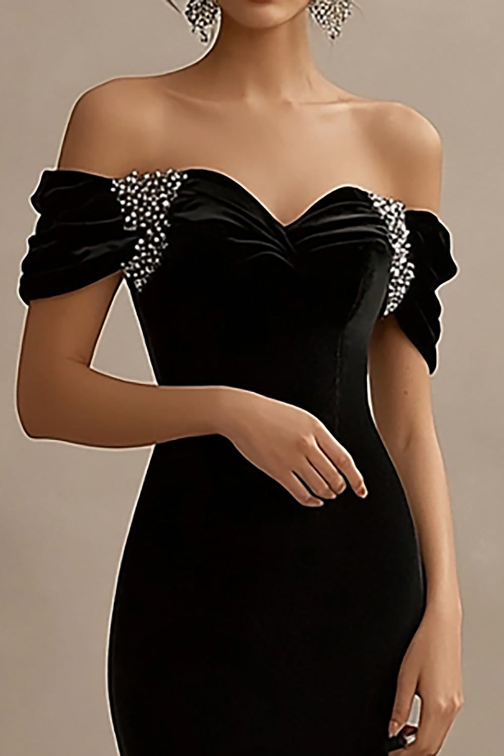 Sparkly Black Off the Shoulder Satin Long Formal Dress with Slit