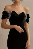 Sparkly Black Off the Shoulder Satin Long Formal Dress with Slit