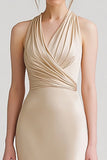 Champagne Satin Sheath Halter V Neck Long Formal Dress