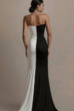 Black White Satin Mermaid Strapless Long Formal Dress with Slit
