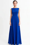 Royal Blue Chiffon A Line Boat Neck Long Formal Dress