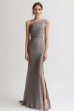 Grey Sheath One Shoulder Satin Long Formal Dress with Slit