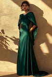 Sparkly Dark Green A Line Satin Long Formal Dress with Cape
