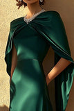 Sparkly Dark Green A Line Satin Long Formal Dress with Cape