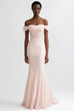 Pink Mermaid Off the Shoulder Chiffon Long Formal Dress