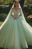 Glitter Ball Gown Off the Shoulder Light Green Sequin Quinceanera Dress