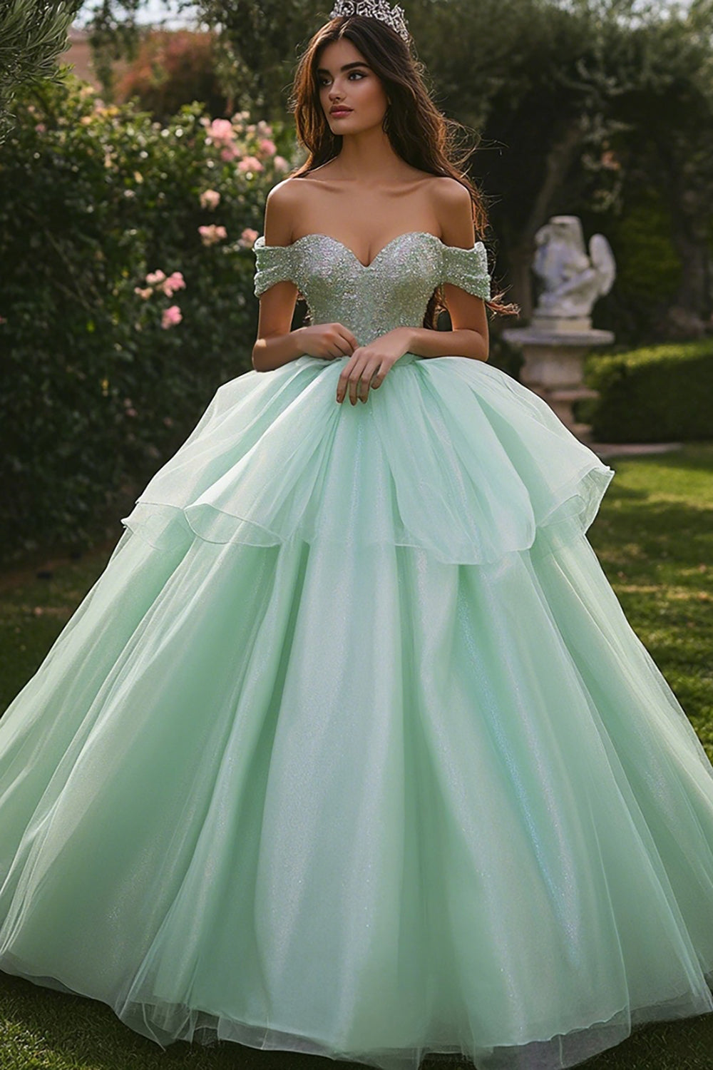 Glitter Ball Gown Off The Shoulder Mint Green Quinceanera Dress