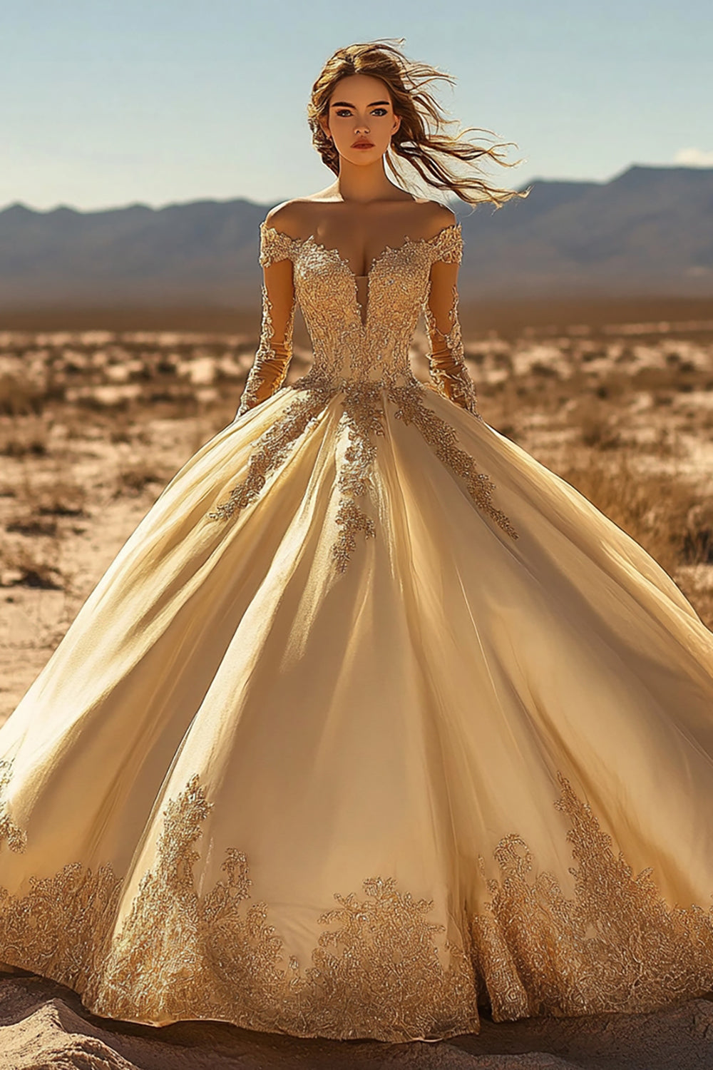Off The Shoulder Appliqued Ball Gown Gold Lace Quinceanera Dress