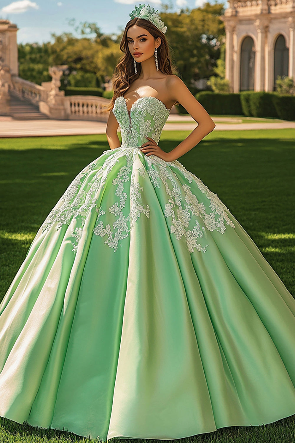Green Ball Gown Sweetheart Long Princess Quinceanera Dress with Appliques