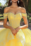 Yellow Ball Gown Appliqued Tulle Long Quinceanera Dress with Ruffles