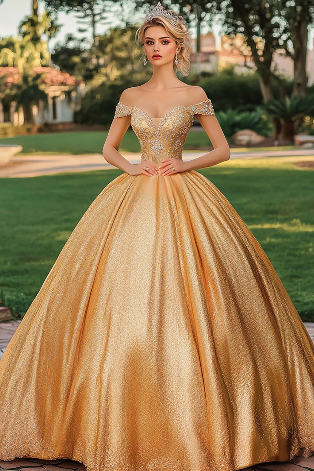 Glitter Gold Ball Gown Off the Shoulder Princess Long Quinceanera Dress with Appliques