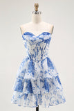 Strapless White Blue Flower Corset A-Line Tiered Ruffle Homecoming Dress
