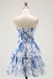 Strapless White Blue Flower Corset A-Line Tiered Ruffle Homecoming Dress