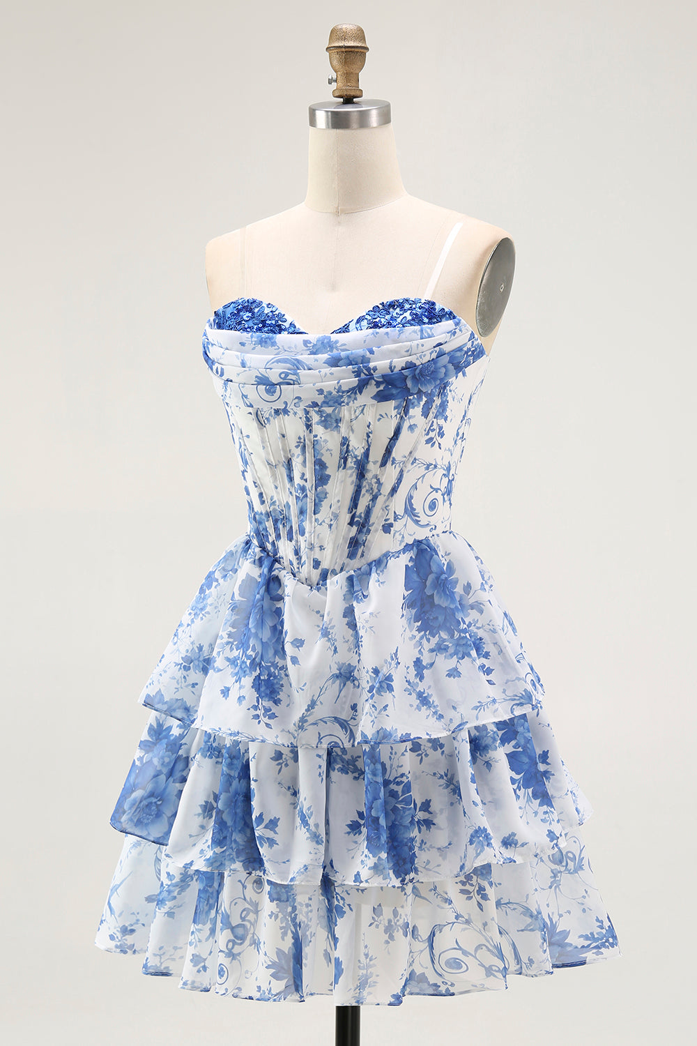 Strapless White Blue Flower Corset A-Line Tiered Ruffle Homecoming Dress