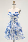 Strapless White Blue Flower Corset A-Line Tiered Ruffle Homecoming Dress