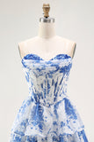 Strapless White Blue Flower Corset A-Line Tiered Ruffle Homecoming Dress