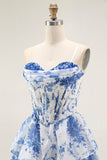 Strapless White Blue Flower Corset A-Line Tiered Ruffle Homecoming Dress