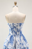 Strapless White Blue Flower Corset A-Line Tiered Ruffle Homecoming Dress