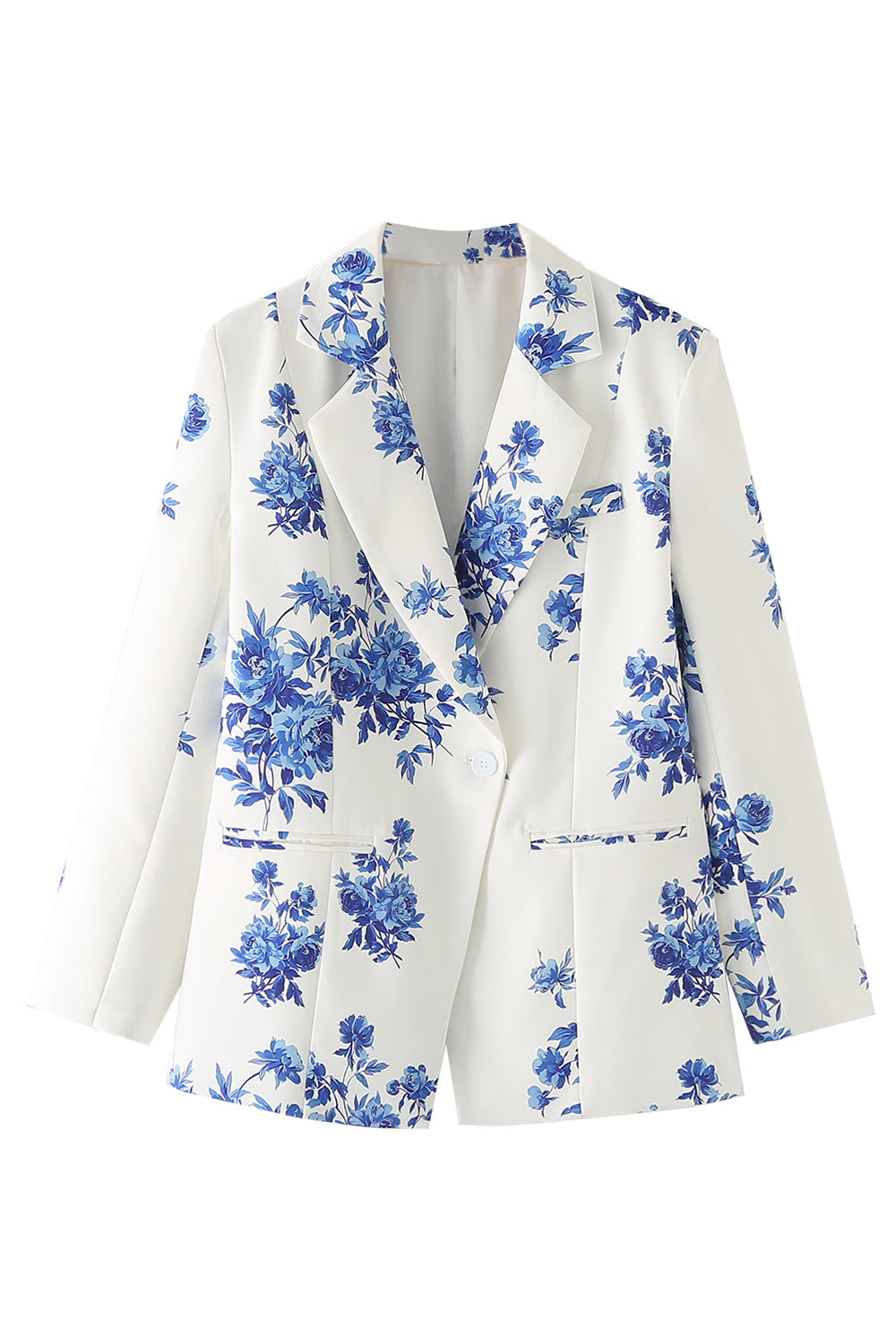 Blue Floral Notched Lapel One Button Women's Blazer