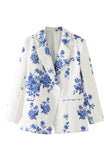 Blue Floral Notched Lapel One Button Women's Blazer