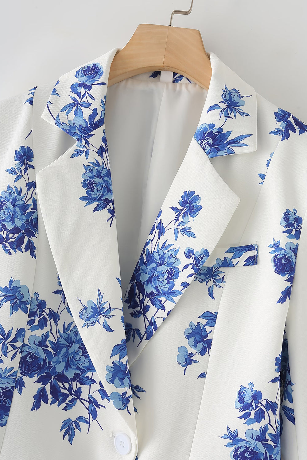 Blue Floral Notched Lapel One Button Women's Blazer