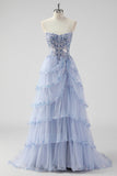 Lavender A Line Strapless Sequins Corset Tiered Formal Dress with Slit
