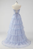 Lavender A Line Strapless Sequins Corset Tiered Formal Dress with Slit