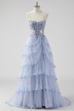 Lavender A Line Strapless Sequins Corset Tiered Formal Dress with Slit
