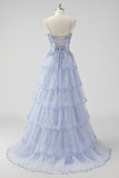 Lavender A Line Strapless Sequins Corset Tiered Formal Dress with Slit