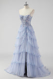 Lavender A Line Strapless Sequins Corset Tiered Formal Dress with Slit