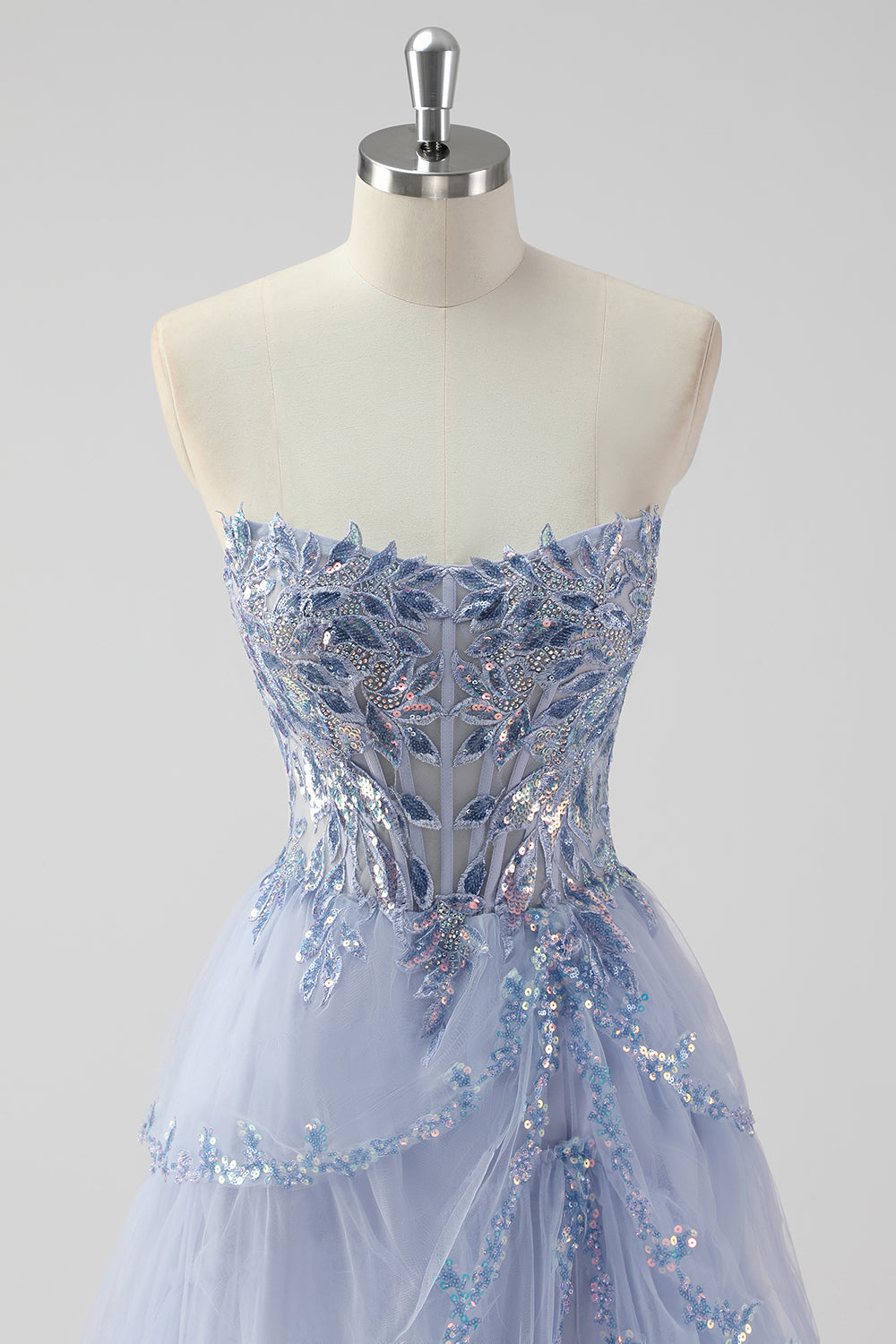 Lavender A Line Strapless Sequins Corset Tiered Formal Dress with Slit