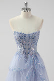 Lavender A Line Strapless Sequins Corset Tiered Formal Dress with Slit